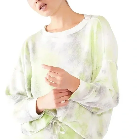 NWT! Free People Kelly Tie Dye Green Citron Grey Sweatshirt Large - Picture 2 of 9